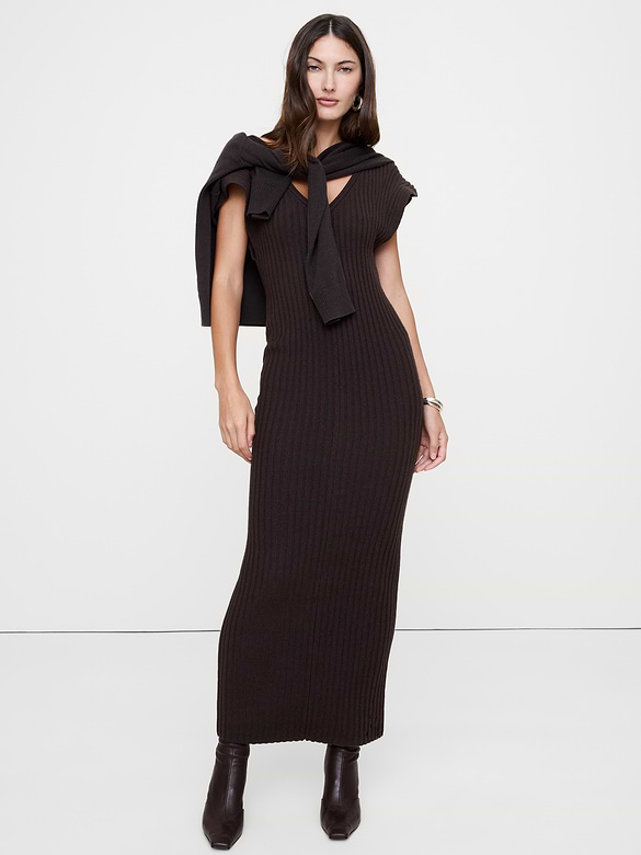 Robe longue à dos dénudé en laine mérinos et coton