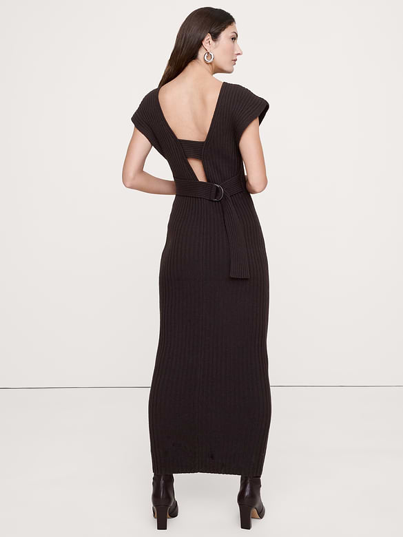 Robe longue à dos dénudé en laine mérinos et coton