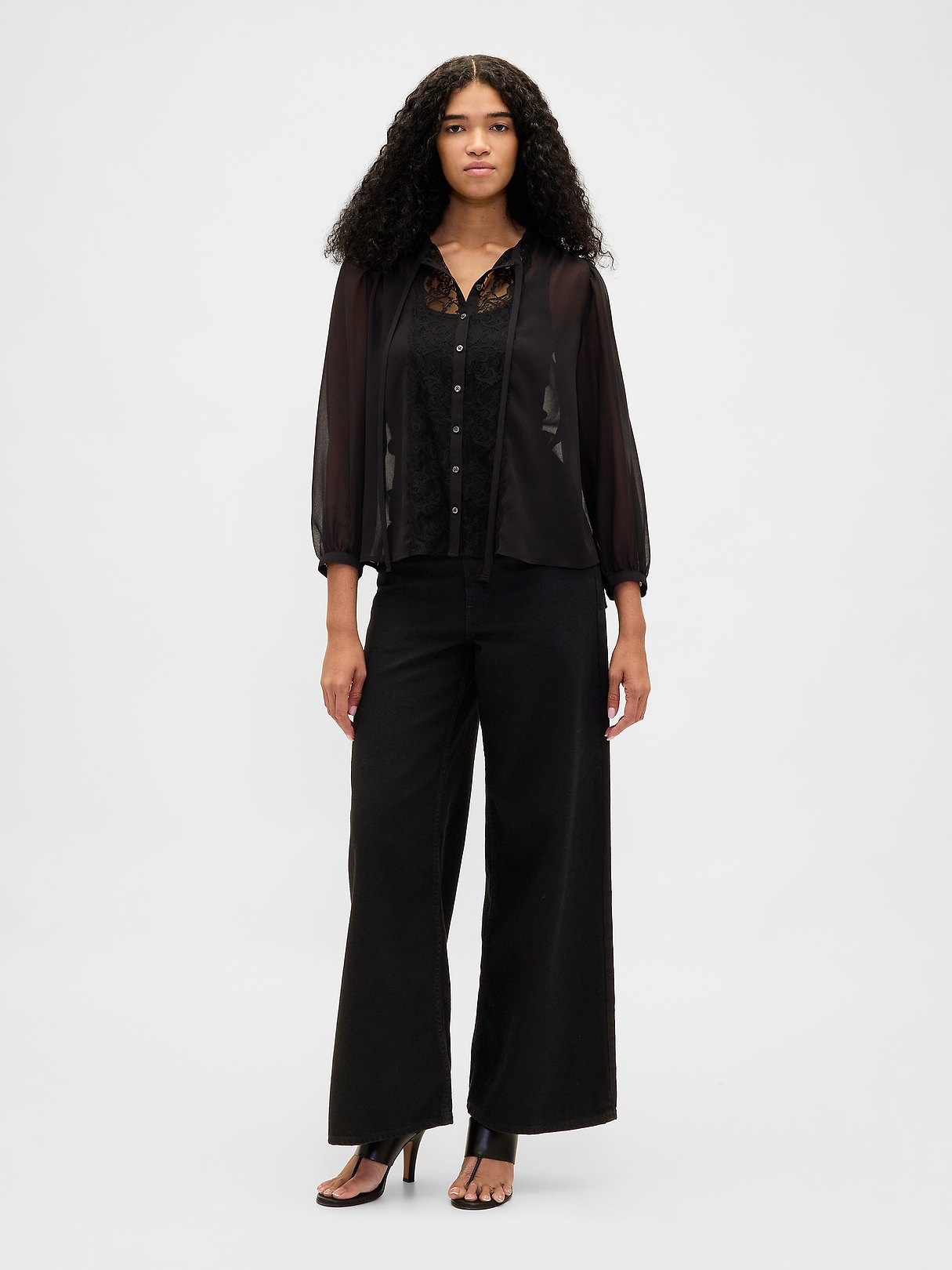 Sheer Recycled Lace Inset Tie-Neck Top | Gap