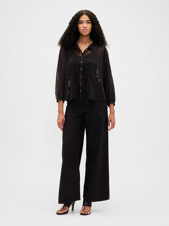 Sheer Recycled Lace Inset Tie-Neck Top