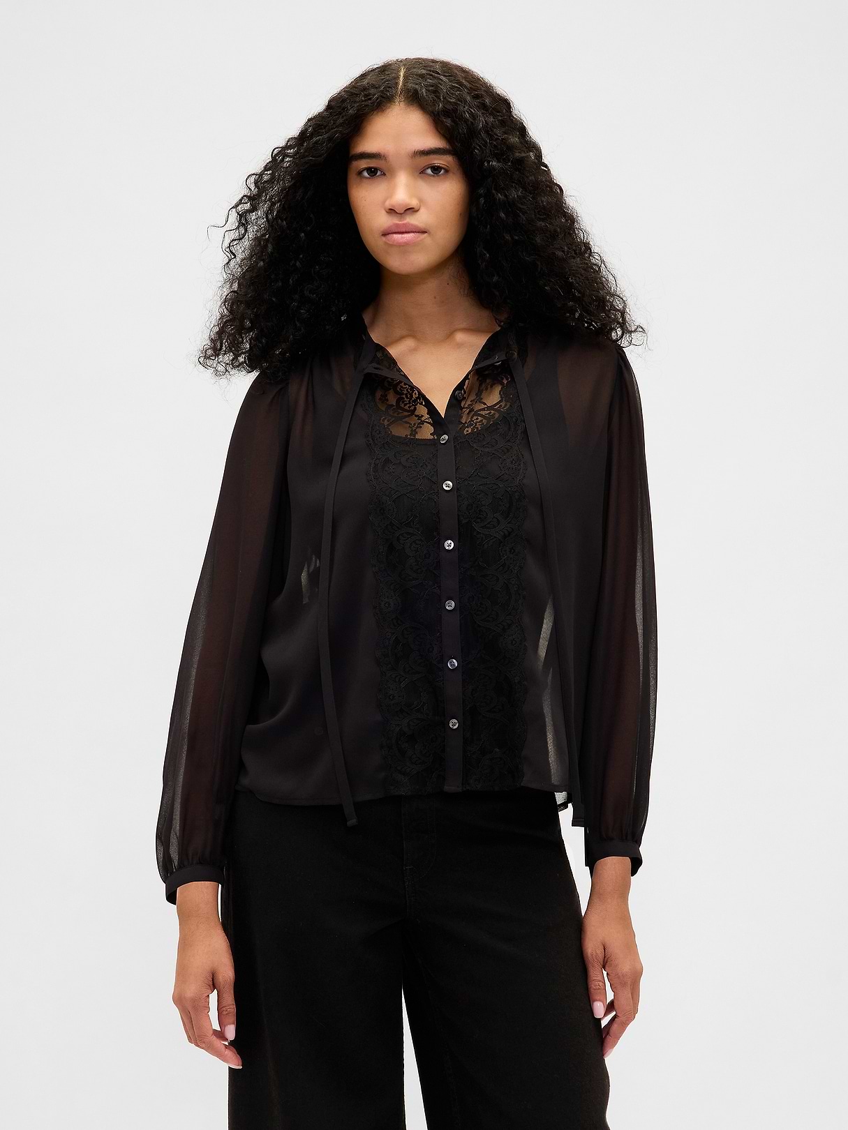 Sheer Recycled Lace Inset Tie-Neck Top | Gap