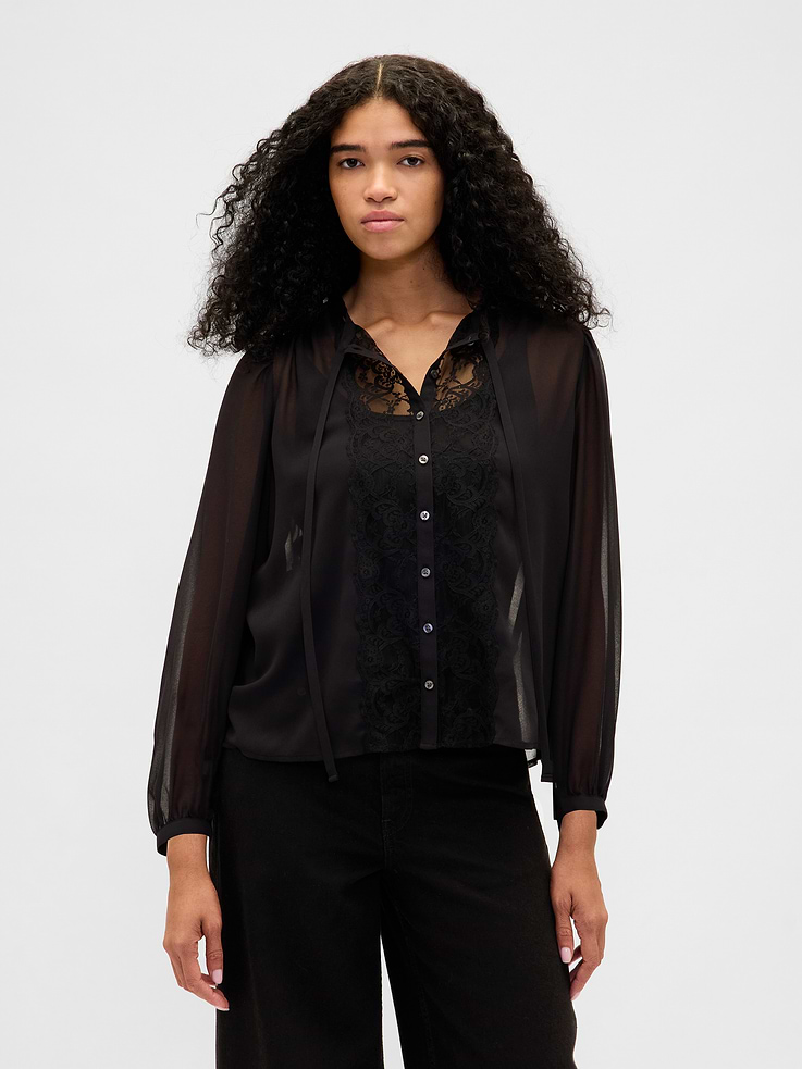 Image number 1 showing, Sheer Recycled Lace Inset Tie-Neck Top