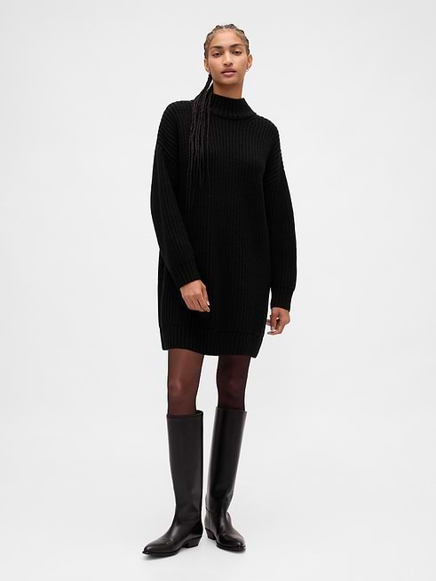 turtleneck black mini dress TERNE Minidress This cream or black knit sweater dress features long sleeves Oversized Turtleneck Mini Sweater Dress