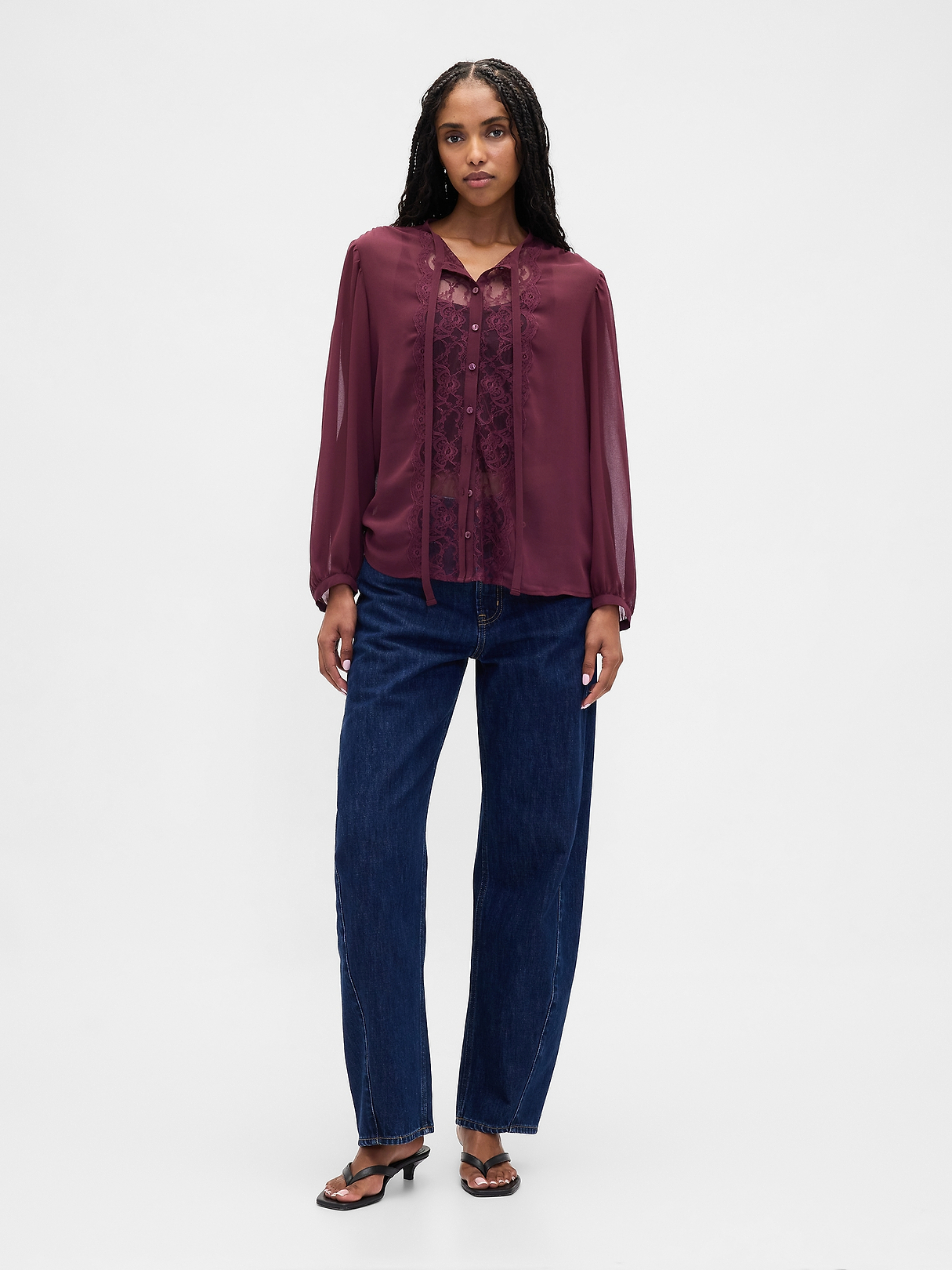 Sheer Recycled Lace Inset Tie-Neck Top | Gap