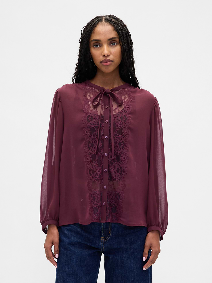 Image number 1 showing, Sheer Recycled Lace Inset Tie-Neck Top
