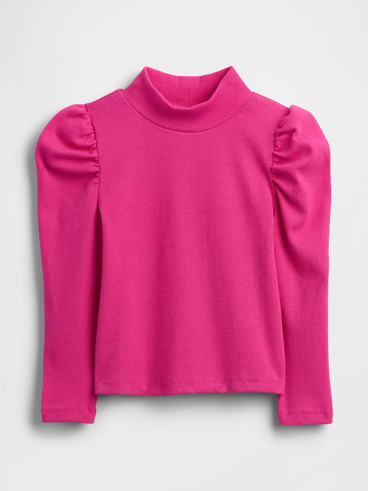 Image 1 of 2, Soft, ribbed stretch knit shirt., Mockneck., Long puff sleeves., Certain styles have an allover print., This product was made in a factory that invests in gender equity and women’s empowerment through RISE. Learn more at gapinc.com/equity., Product #833128