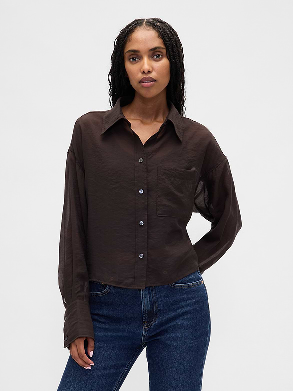 Sheer Straight-Hem Crop Shirt