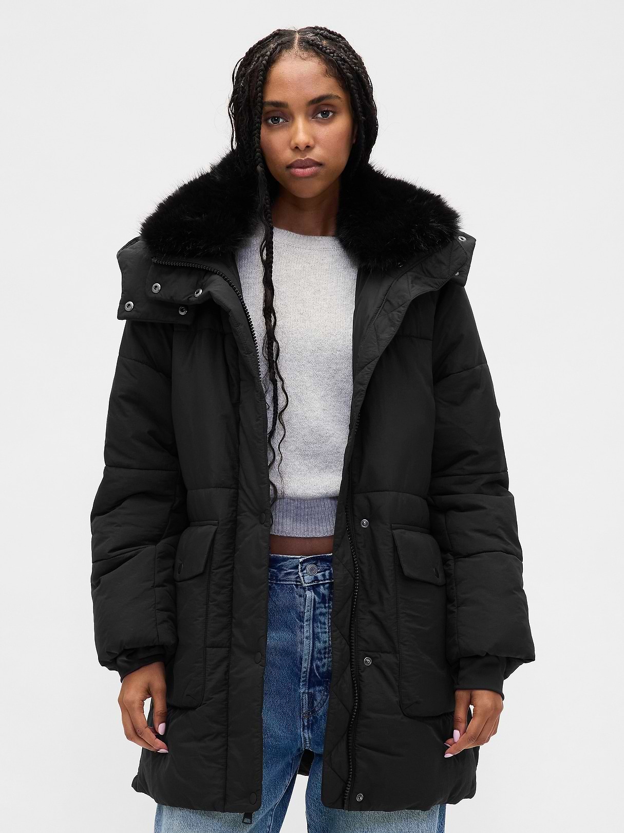 Faux Fur-Trim Midi Puffer Jacket | Gap