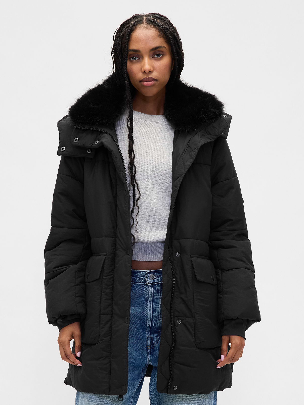 Faux Fur-Trim Midi Puffer Jacket