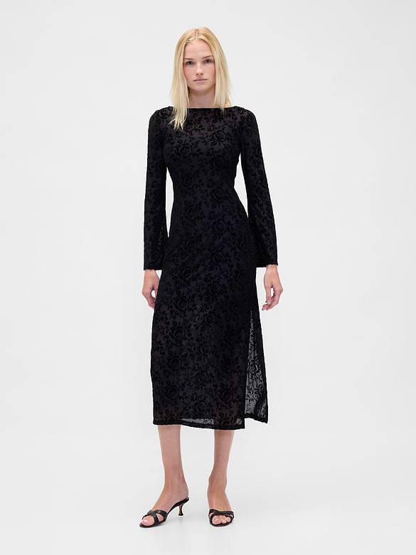 Burnout Velvet Bell-Sleeve Midi Dress