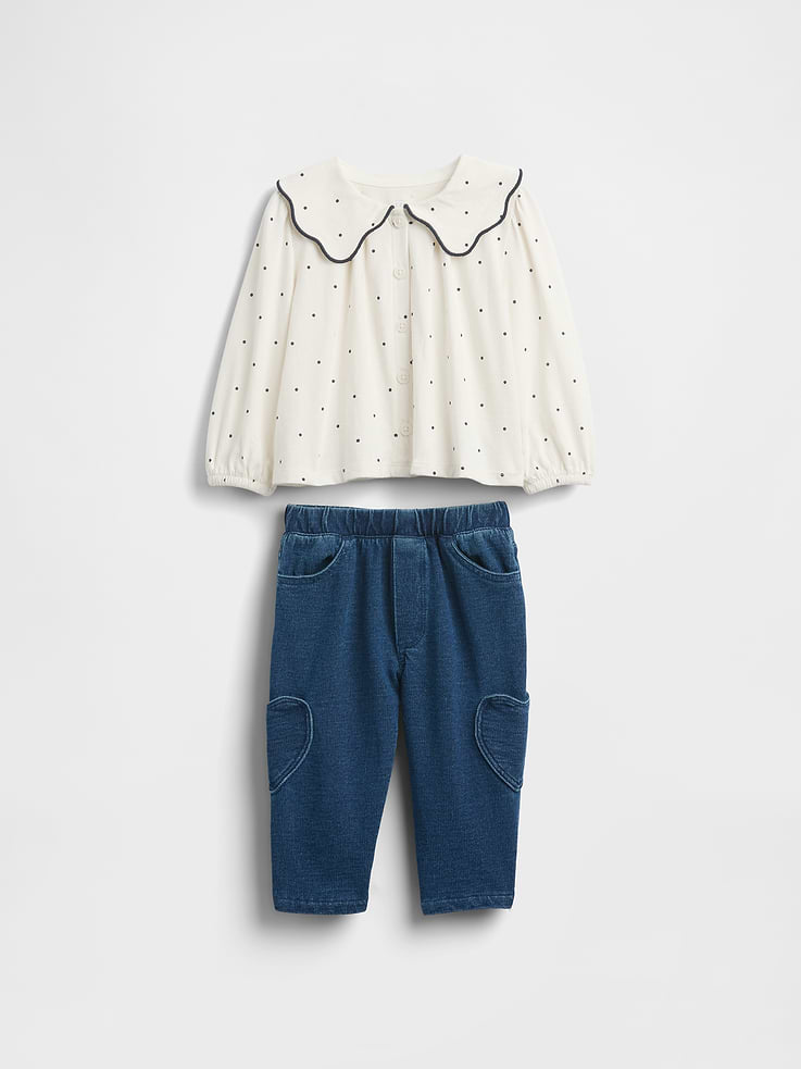 Image number 1 showing, Baby Collared Top & Pull-On Pants Outfit Set
