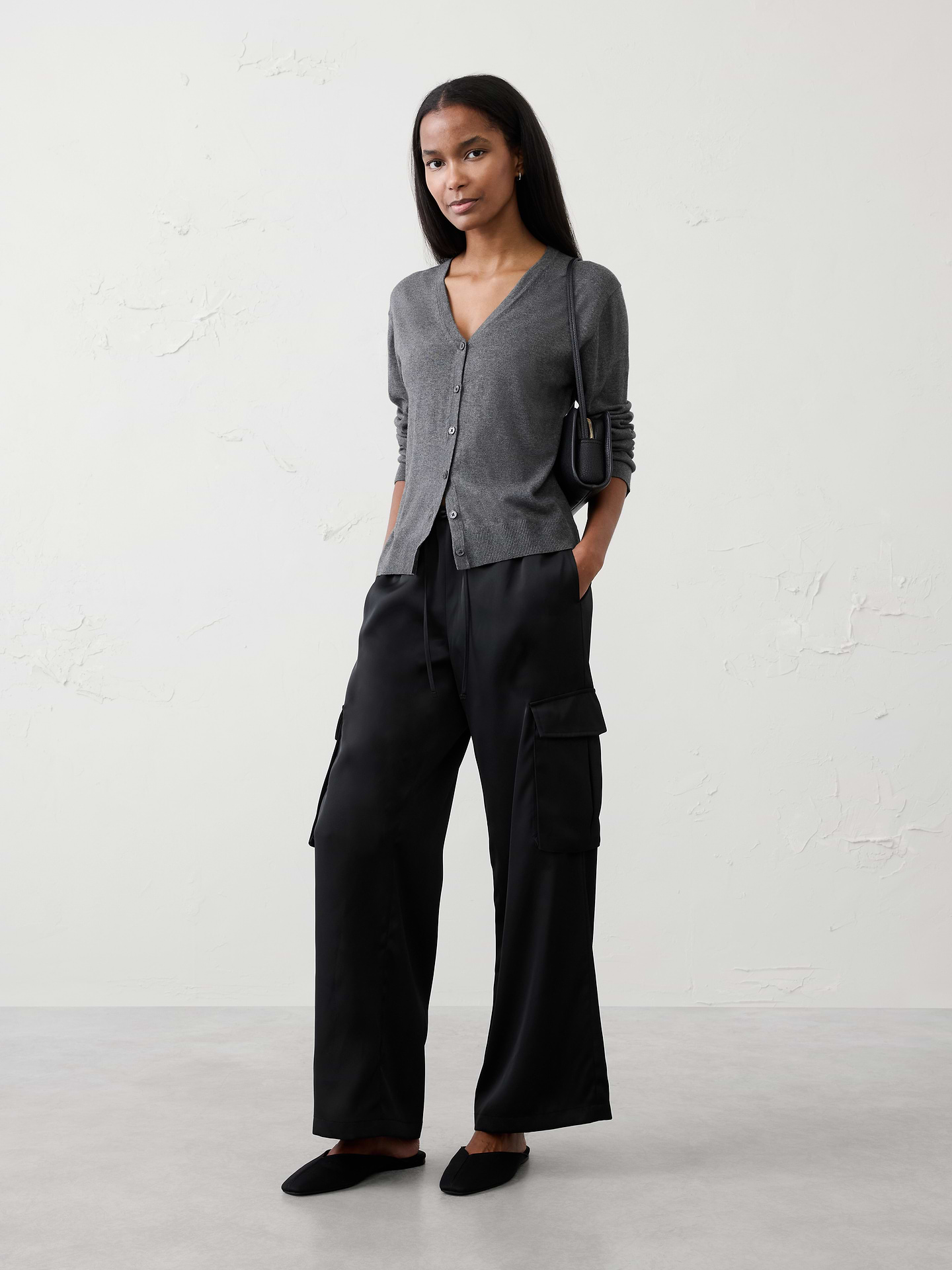 Image number 1 showing, Wide-Leg Mid-Rise Satin Pull-On Cargo Pant
