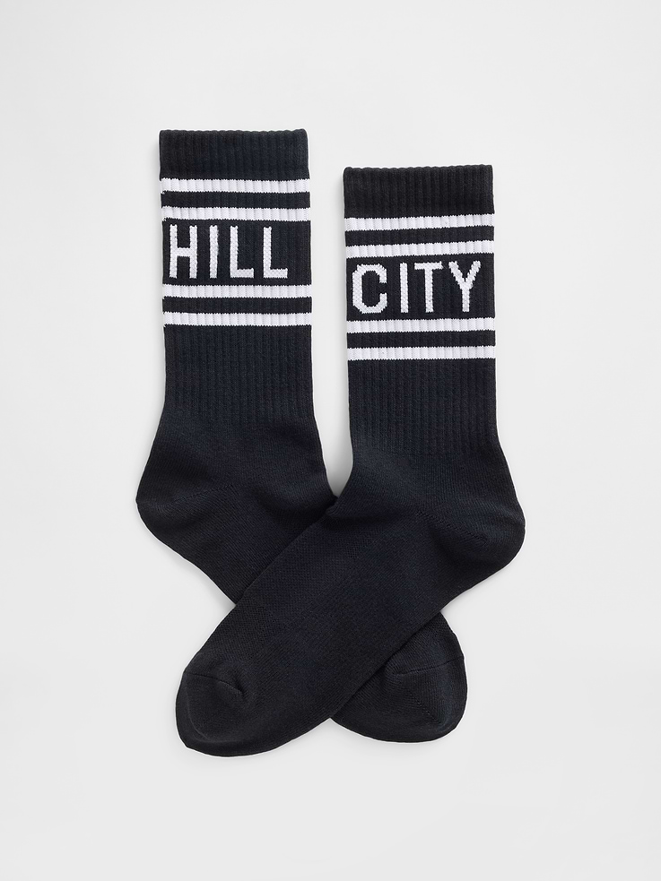 Image 1 of 1, A collection of our favorite accessories from Hill City, a performance brand known for technical fabrics and modern fits., Soft stretch knit crew socks., Ribbed top with striped Hill City logo., Reinforced toe and heel., Product #850448