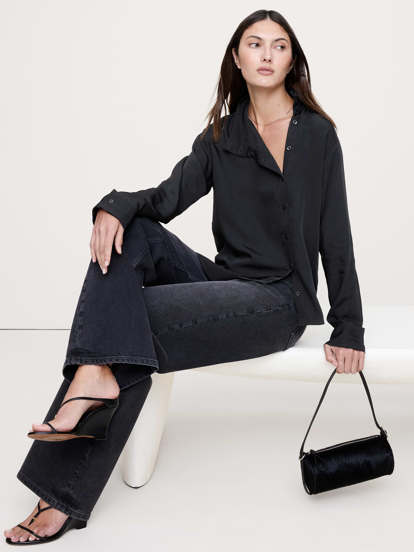 Image number 1 showing, Drapey Twill Asymmetrical Button-Front Blouse