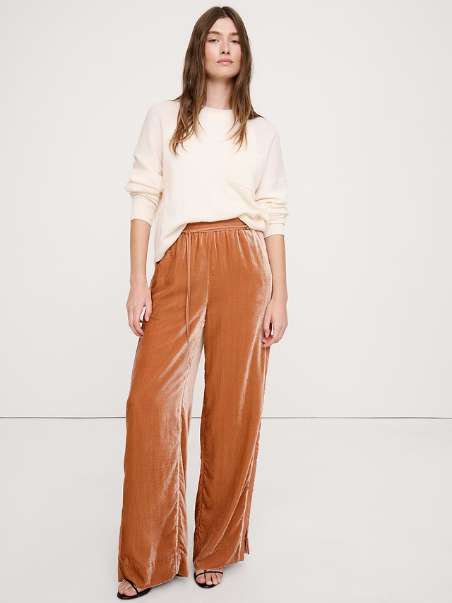 High-Rise Wide-Leg Velvet Pull-On Pant