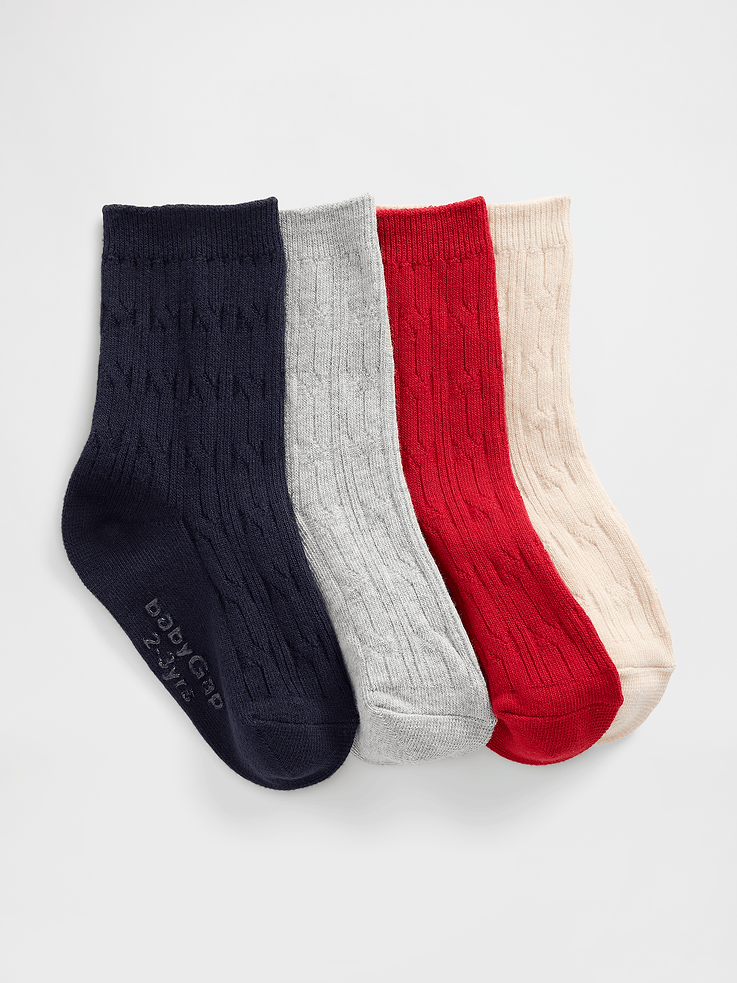 Image 1 of 1, Soft stretch cable-knit crew socks., Reinforced toe and heel., Ribbed top., Made with 28% recycled polyester. Compared to virgin materials, using recycled materials helps reduce resource use and waste., Product #843802