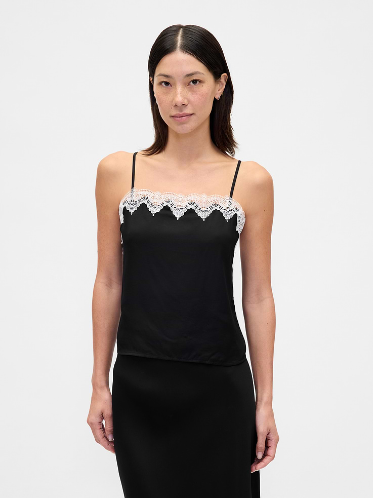 Image 1 of 5, Soft viscose rayon twill cami top., Square neck with lace trim., Adjustable spaghetti straps., Loop button closures at back., Made with 100% LENZING™ ECOVERO™ viscose fibers, which are derived from controlled or certified wood, Product #843168