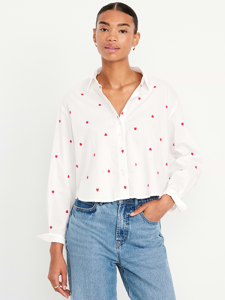 Image 1 of 8, spread collar, long sleeves with buttoned cuffs, full-button front, all-over heart print, Product #844128