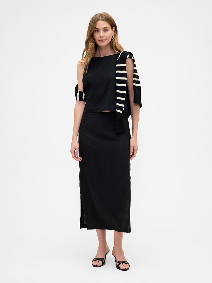 Image 1 of 5, Smooth linen blend., Elasticized waist., Slit at hem., This product was made in a factory that invests in gender equity and women’s empowerment through RISE. Learn more at, Product #855616