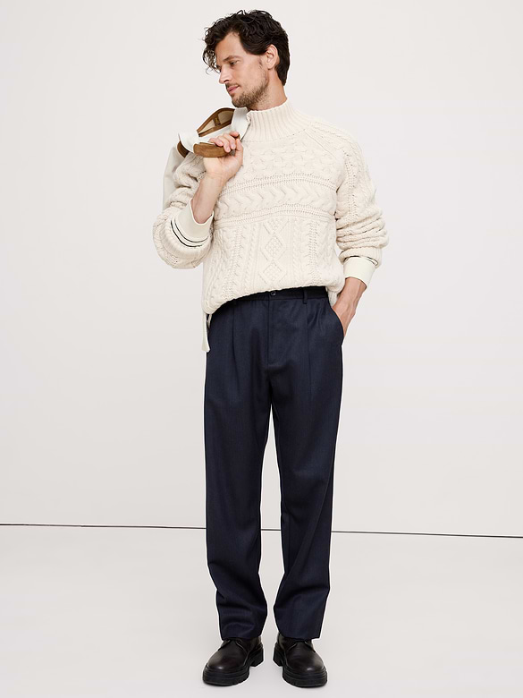 Relaxed Pleated Pull-On Twill Dress Pant