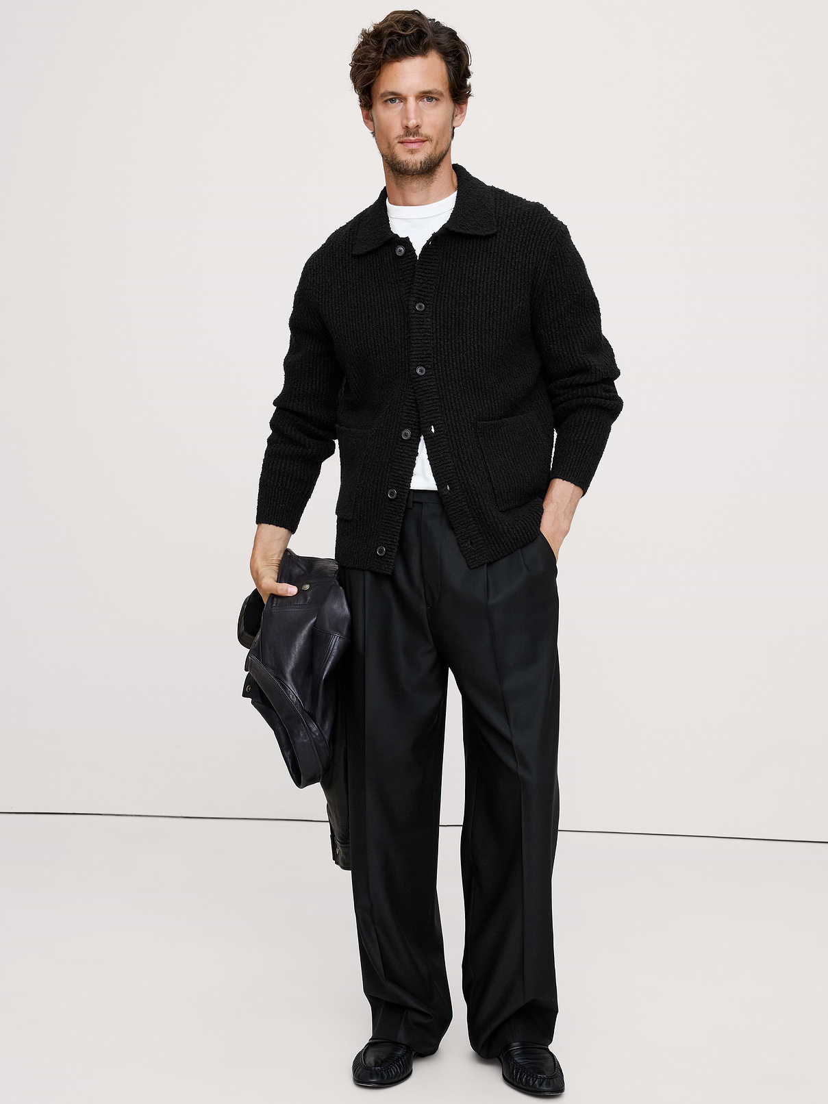 Bouclé Ribbed Polo Cardigan