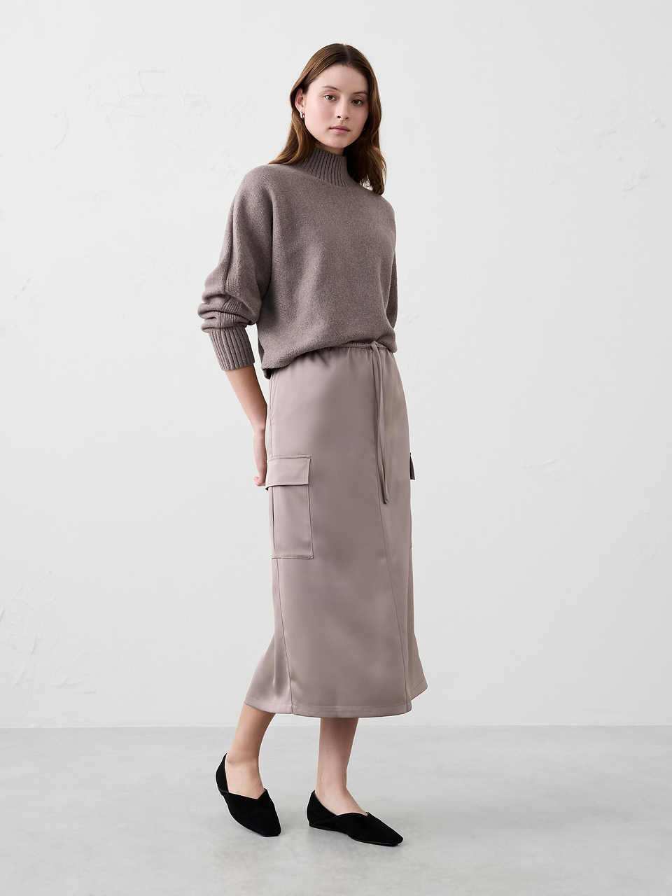Banana Republic Factory Women's Satin Cargo Midi Skirt (Mocha Latte)