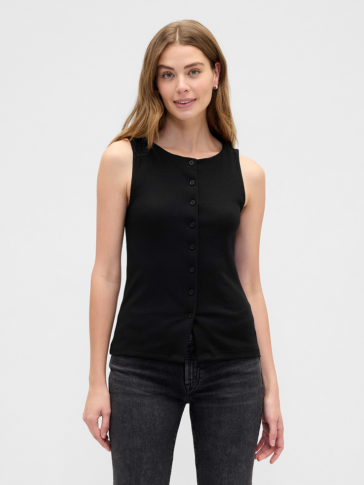 Image 1 of 5, Soft ribbed knit., Sleeveless., Boatneck, button front., This product was made in a factory that invests in gender equity and women’s empowerment through RISE. Learn more at, Product #855670
