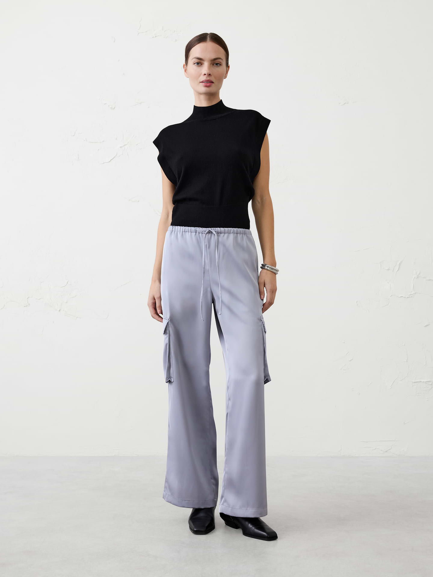 Image number 1 showing, Wide-Leg Mid-Rise Satin Pull-On Cargo Pant