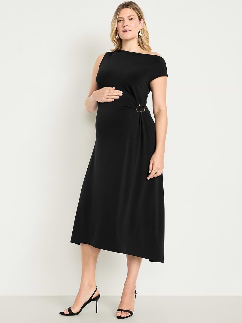 old navy maternity dresses T-shirt Dress Bellies to Bellies crew neck short sleeves ruched detail slit at side fitted through body hits at calf model is approx Maternity Asymmetrical Twist Drape Dress