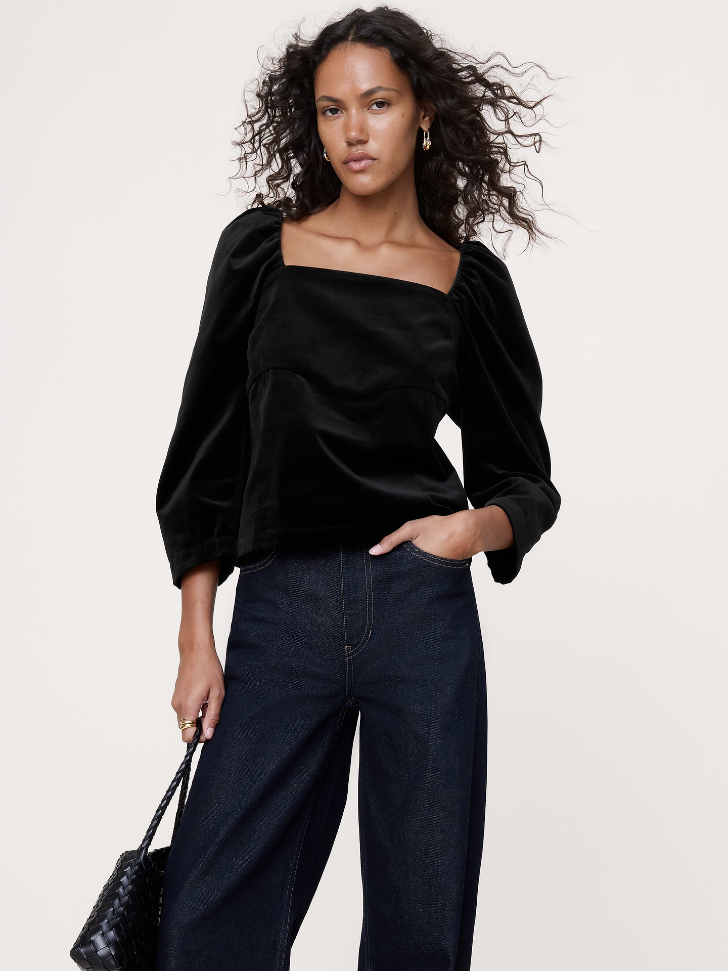 Image number 1 showing, Cotton Velvet Puff-Sleeve Top