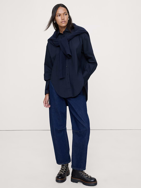 Cotton Poplin Curve-Hem Shirt