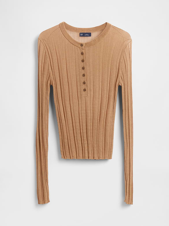Sheer Rib Henley Sweater