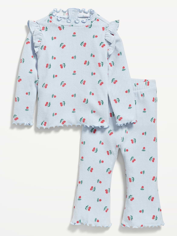 Printed Cozy Rib-Knit Ruffled Top and Pants Set for Baby