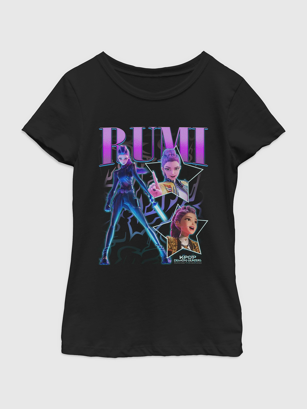 Image 1 of 4, Soft cotton T-shirt., Crewneck., Short sleeves., Officially licensed K-Pop Demon Hunters Y2K Rumi Graphic at front.