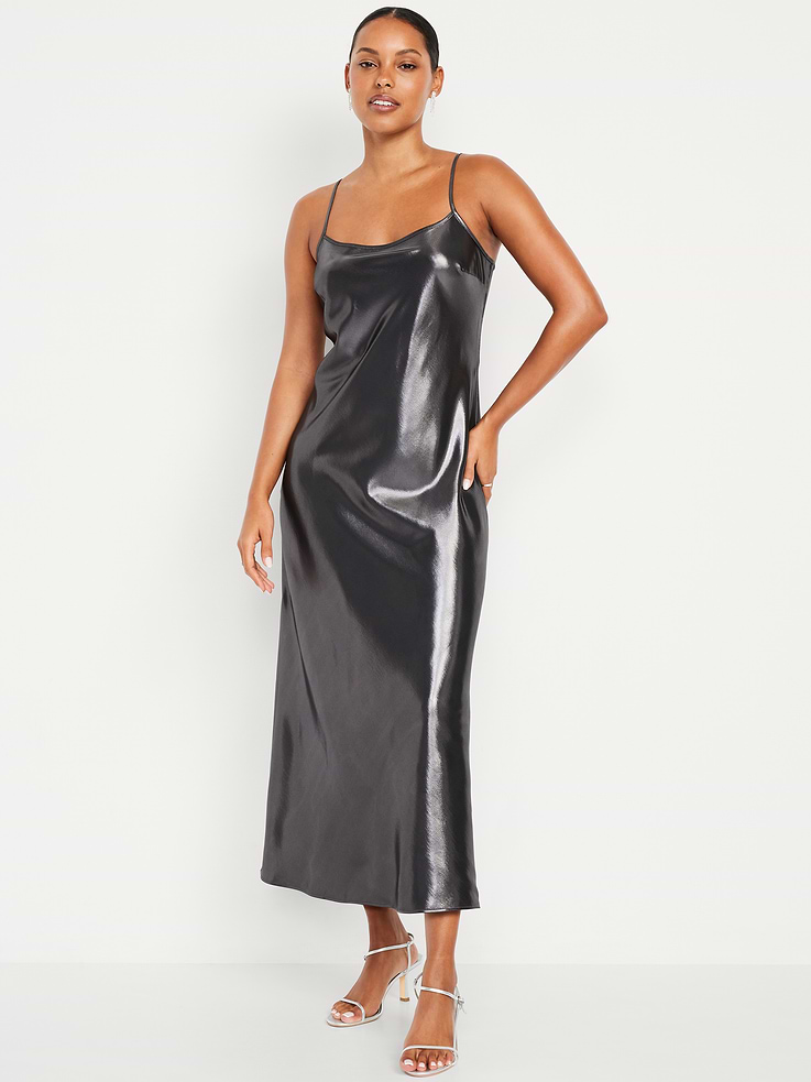Image 1 of 9, round neckline, spaghetti straps, bias cut, shiny satin, Product #842534