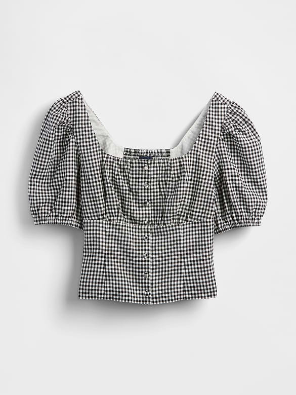 Linen-Blend Puff-Sleeve Crop Corset Top