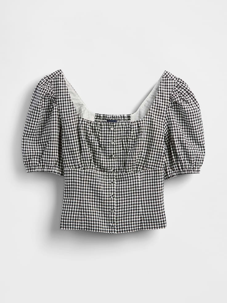 Image number 5 showing, Linen-Blend Puff-Sleeve Crop Corset Top
