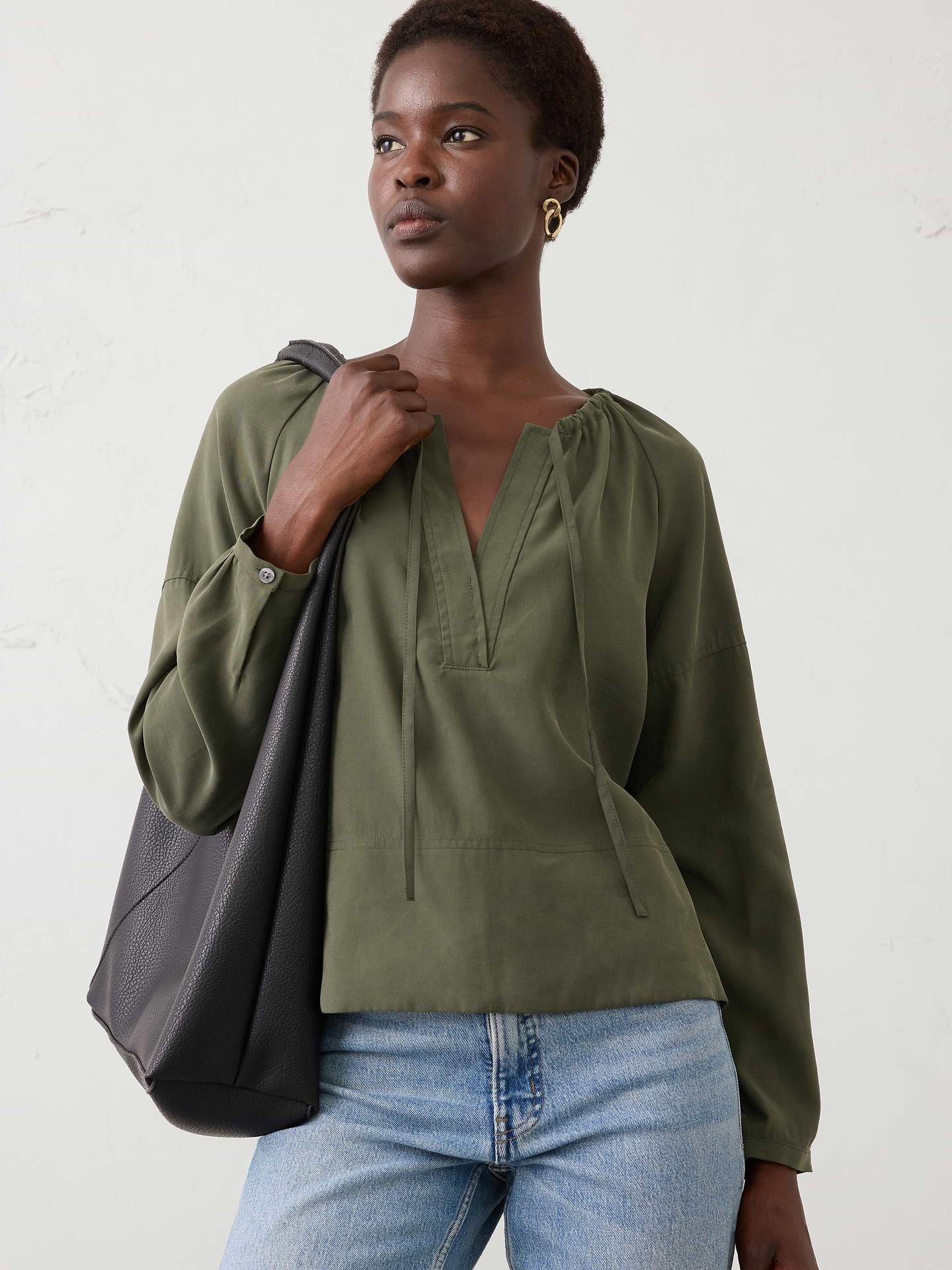 Image number 1 showing, Twill Shirred Popover Shirt