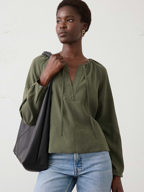 Twill Shirred Popover Shirt