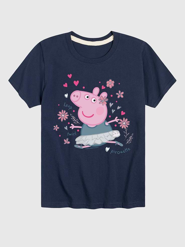 Image 1 of 3, Soft ringspun cotton t-shirt., Crewneck., Short sleeves., Peppa Pig Ballet Peppa graphic at front., Hybrid Apparel designs creative, innovative graphic apparel with a customer-first focus, continually evolving through new ideas and technologies to grow alongside its partners and customers.