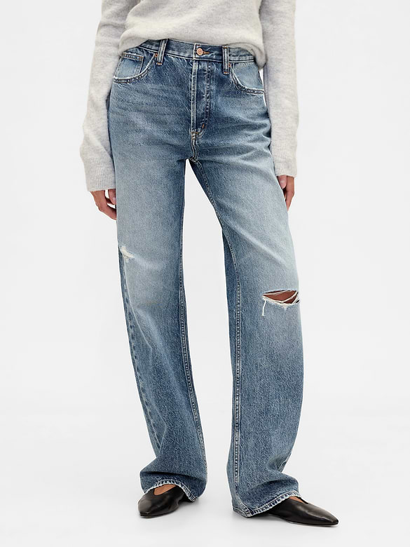 Low Slung Destructed Relaxed Straight Jeans
