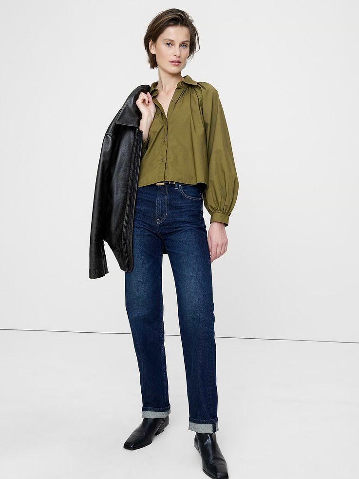 Cotton Poplin Balloon-Sleeve Shirt