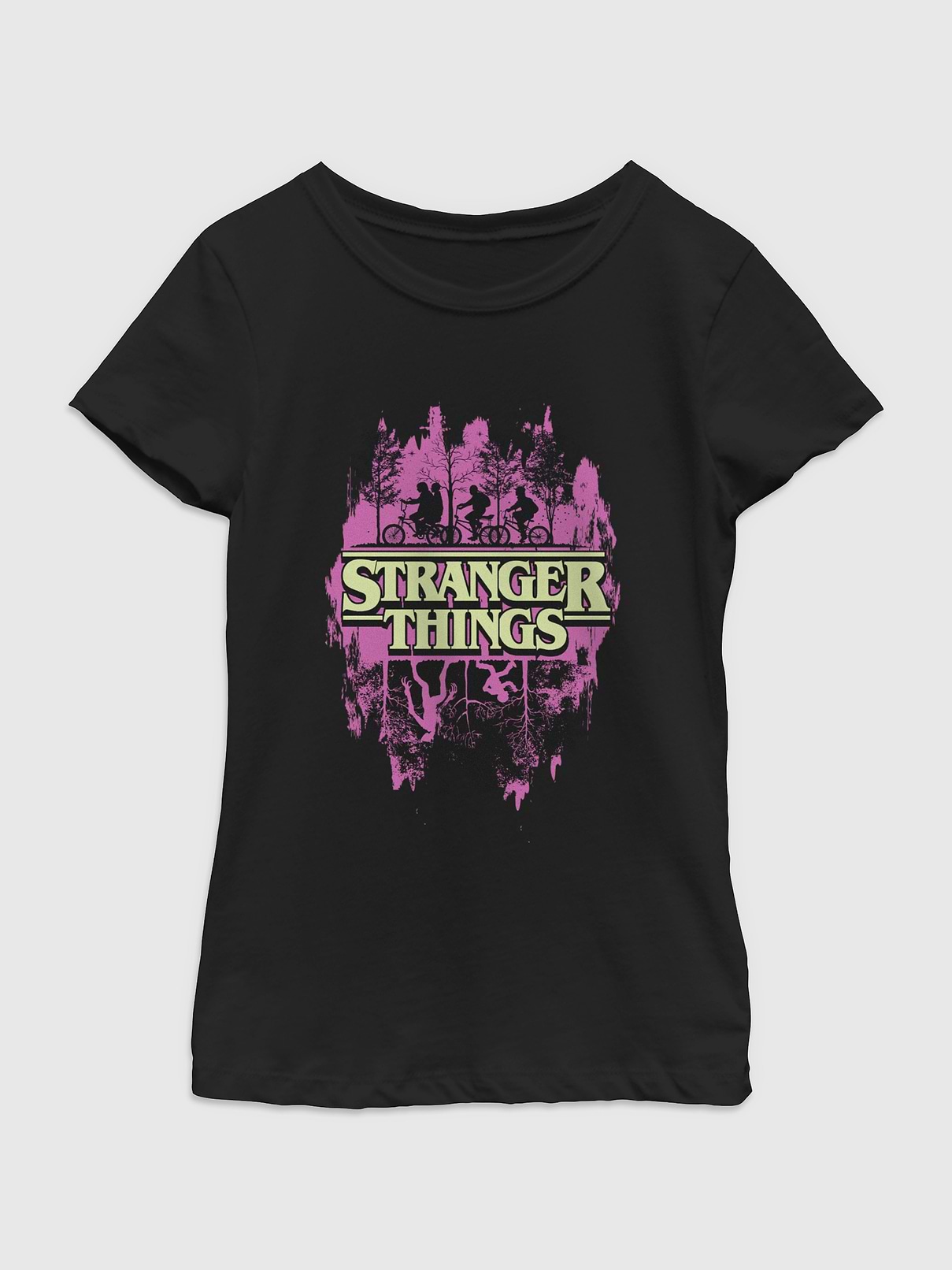 Image 1 of 4, Soft cotton T-shirt., Crewneck., Short sleeves., Officially licensed Stranger Things Silhouette Graphic at front.
