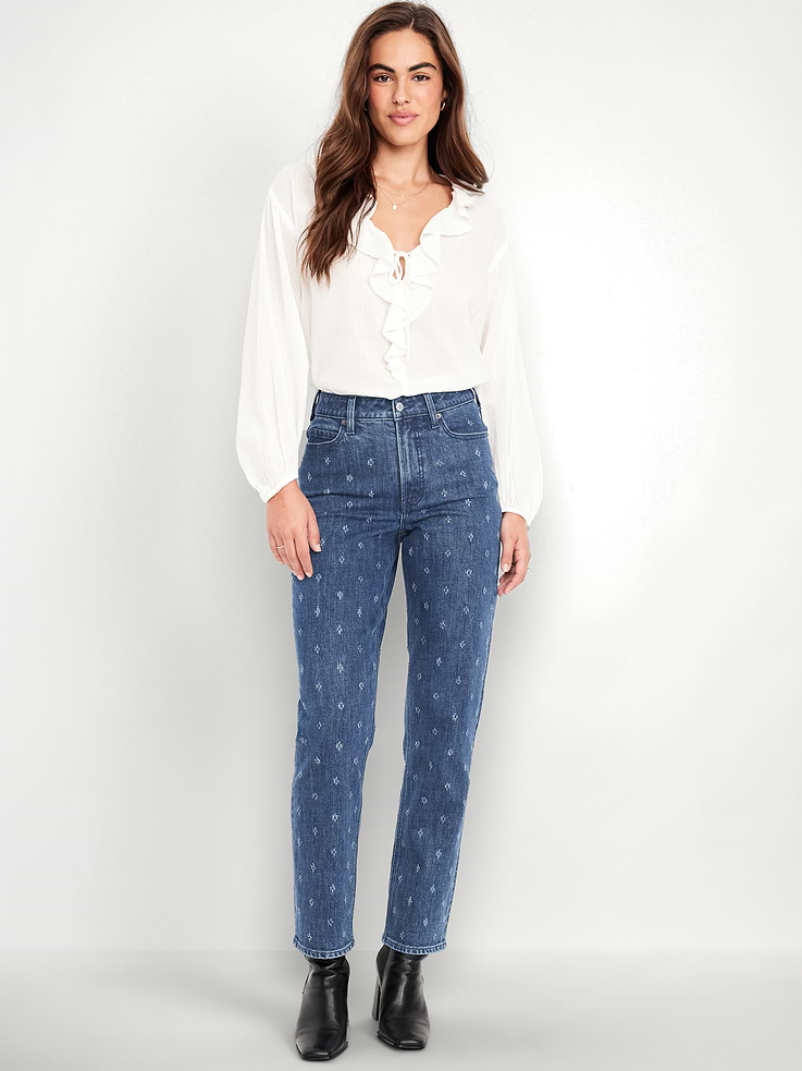 Image number 1 showing, Extra High-Waisted Textured Straight Jeans