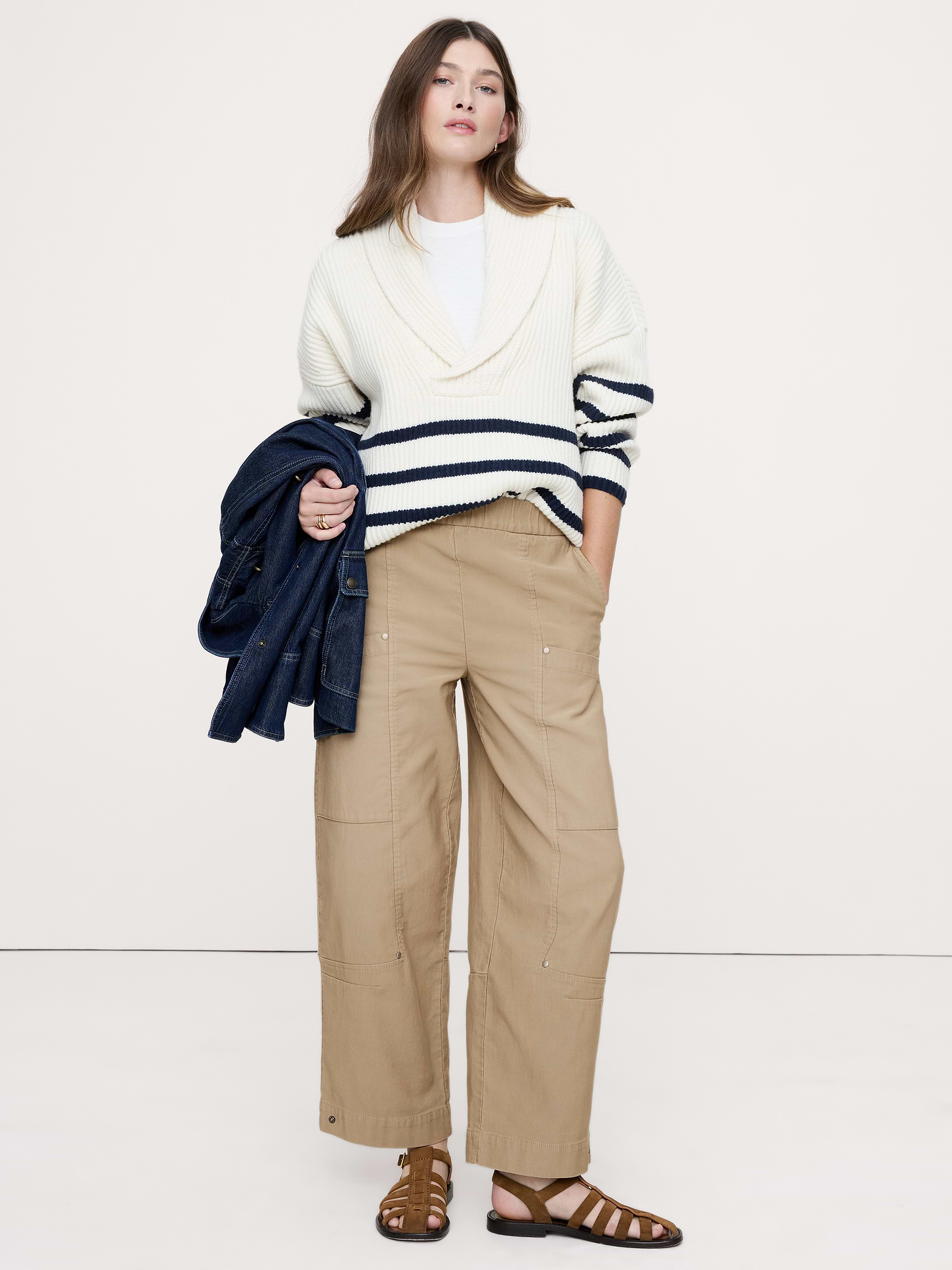 Image number 1 showing, Wide-Leg Textured Twill Pull-On Pant