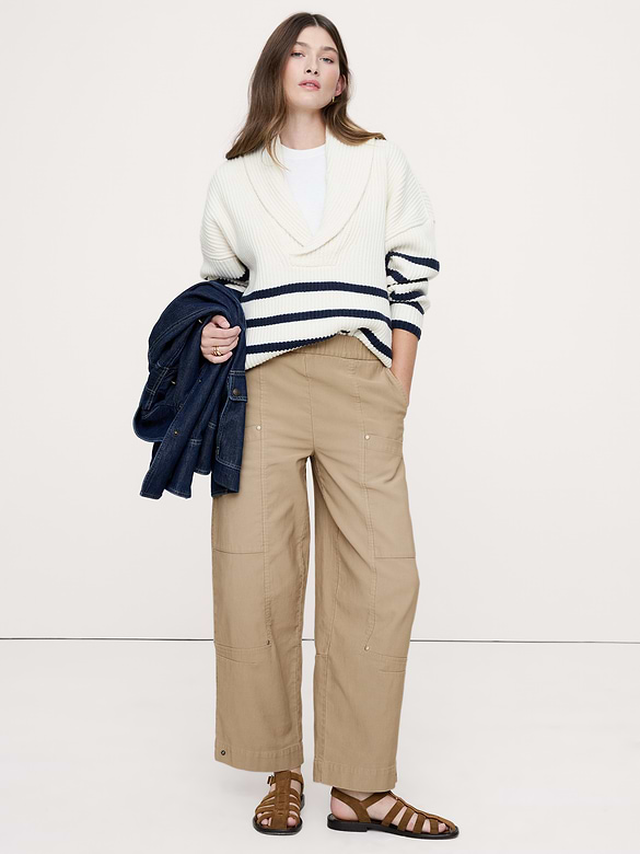 Wide-Leg Textured Twill Pull-On Pant