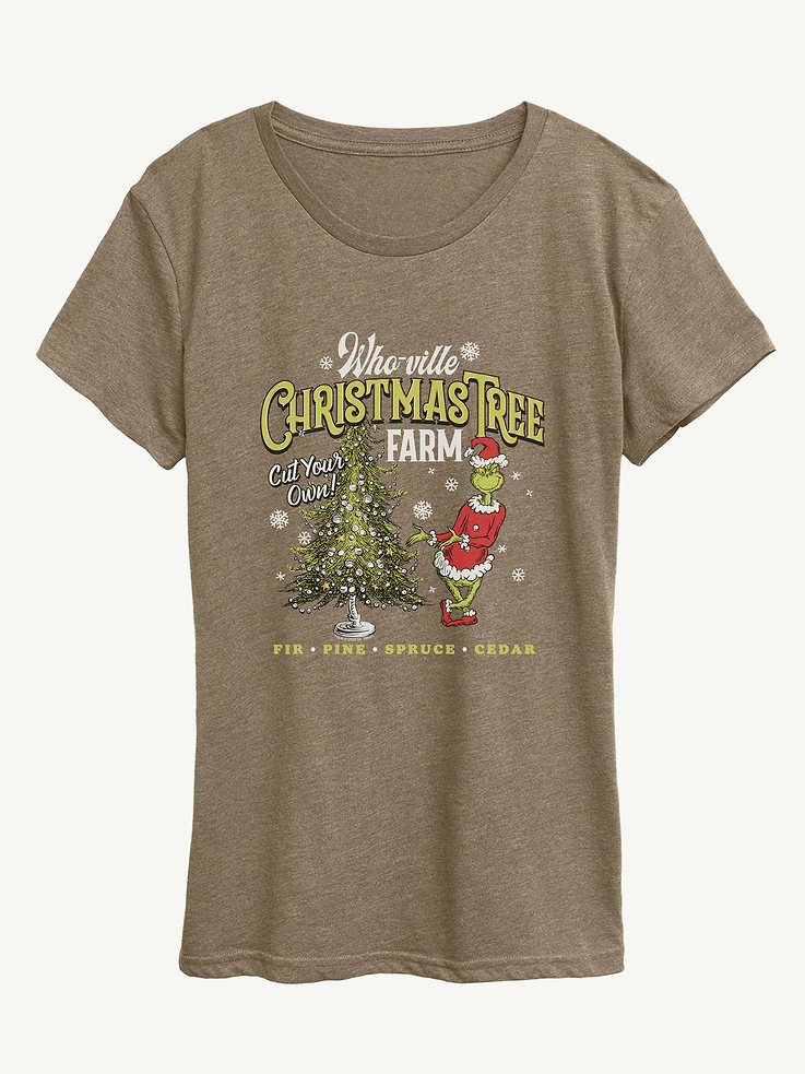 Image 1 of 4, Celebrate the holiday season with the How the Grinch Stole Christmas Tree Farm Short Sleeve Graphic Tee for Women., Featuring the mischievous Grinch amidst festive trees, this playful and comfortable tee is perfect for spreading seasonal cheer in style.