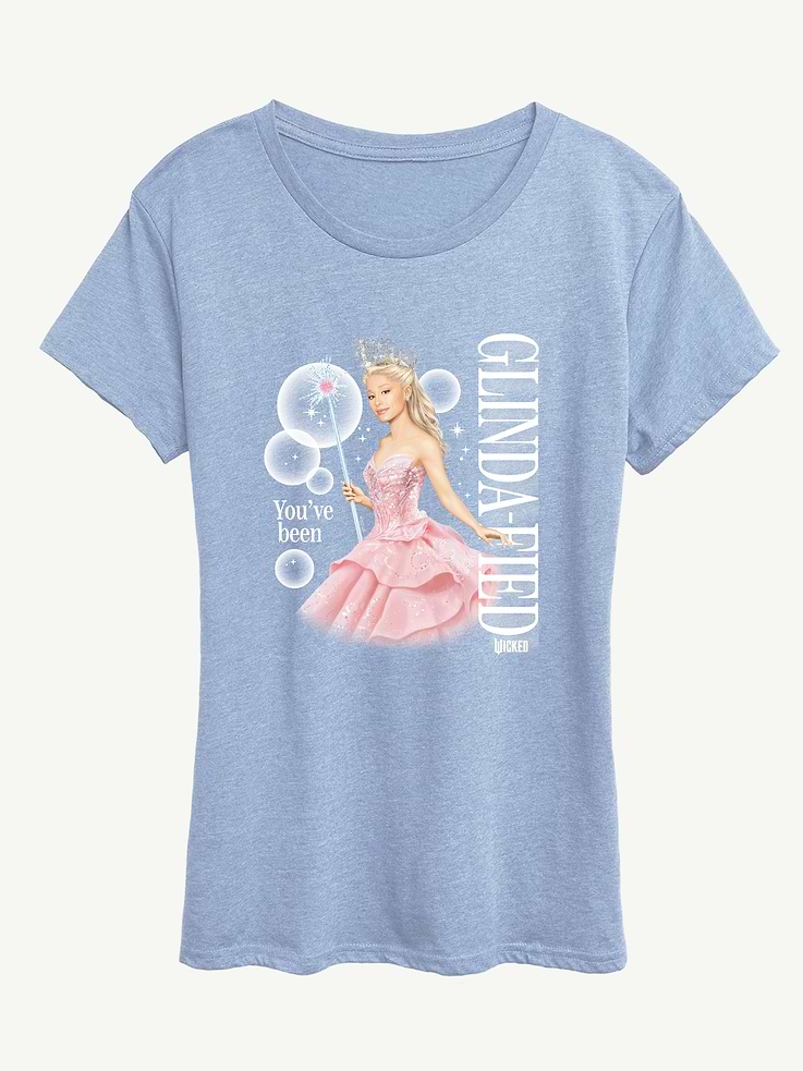Image 1 of 4, Show off your love for Wicked with the Youâ€™ve Been Glindafied Short Sleeve Graphic Tee for Women., Featuring playful, fan-favorite graphics, this comfy tee is perfect for celebrating the musical with style and a touch of humor.