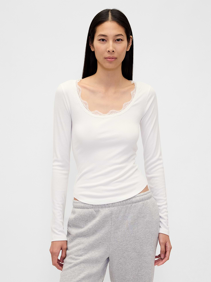 Image number 1 showing, Mini Rib Lace-Trim PJ Top