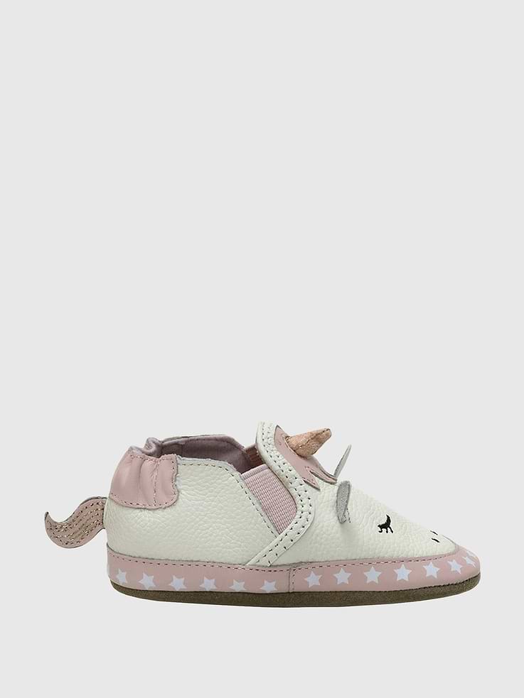 Image 1 of 6, White leather baby shoes with a whimsical unicorn design., Shimmering pink and rose gold details add a magical touch., Designed for comfort, style, and imaginative play., Soft sole allows safe movement for early walkers.